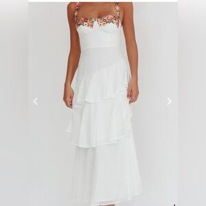 ROSE GARDEN TIERED RUFFLE FLORAL TRIM MAXI DRESS WHITE